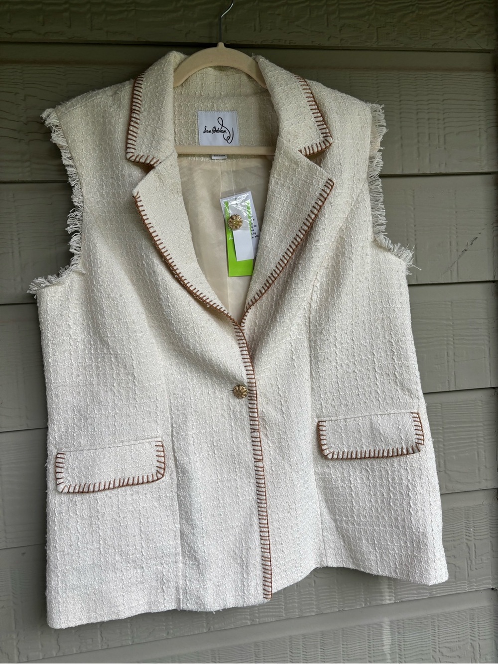 NEW Sam Edelman Cream Tweed Sleeveless Vest with Brown Contrast Trim